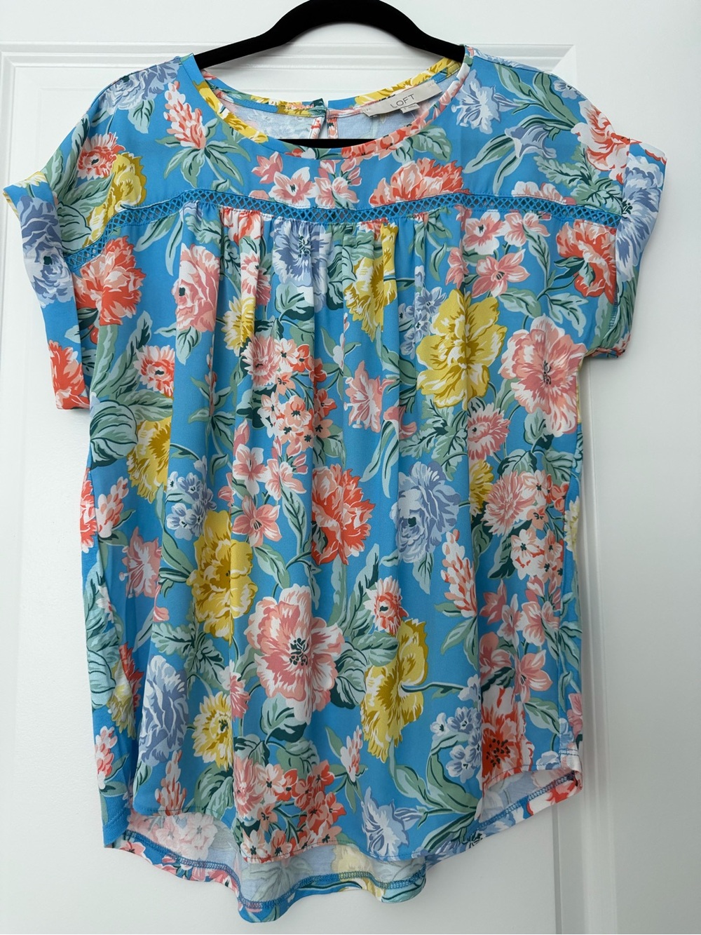LOFT Blue Floral Short-Sleeve Blouse with Yellow & Pink Blooms